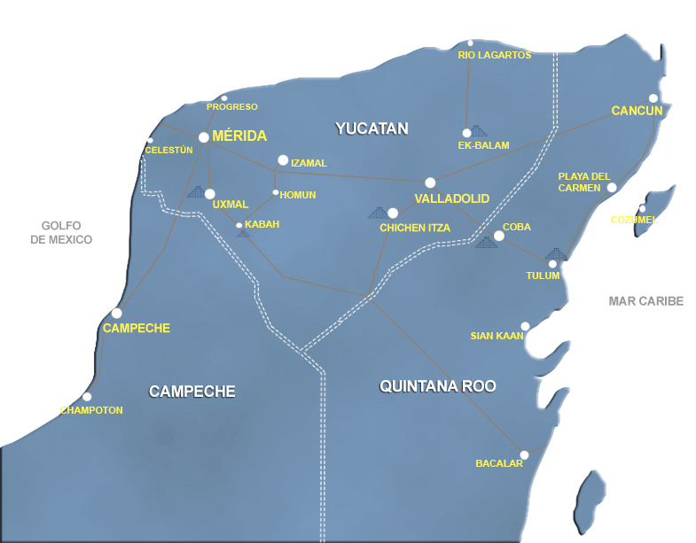 Mapa de la peninsula de Yucatan